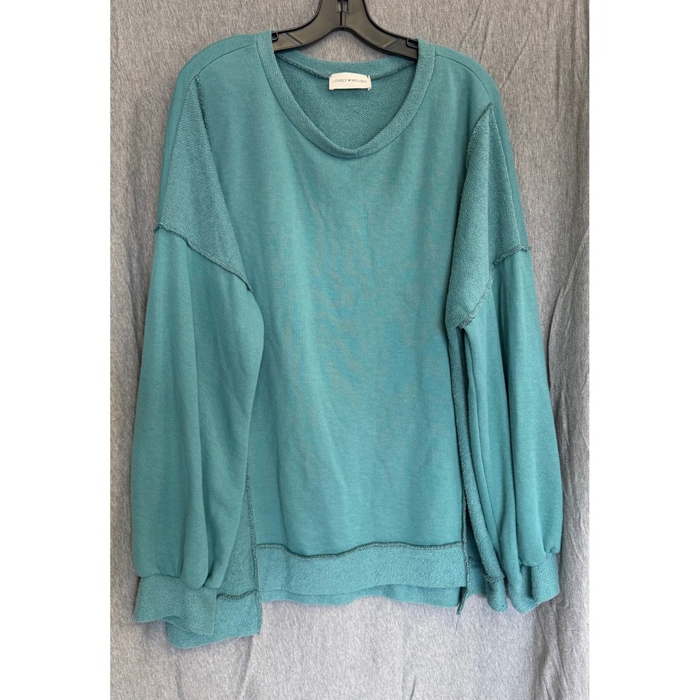 2XL Lovely Melody Terry Cloth Type Sweatshirt Teal Raw Seam Balloon Sleeve